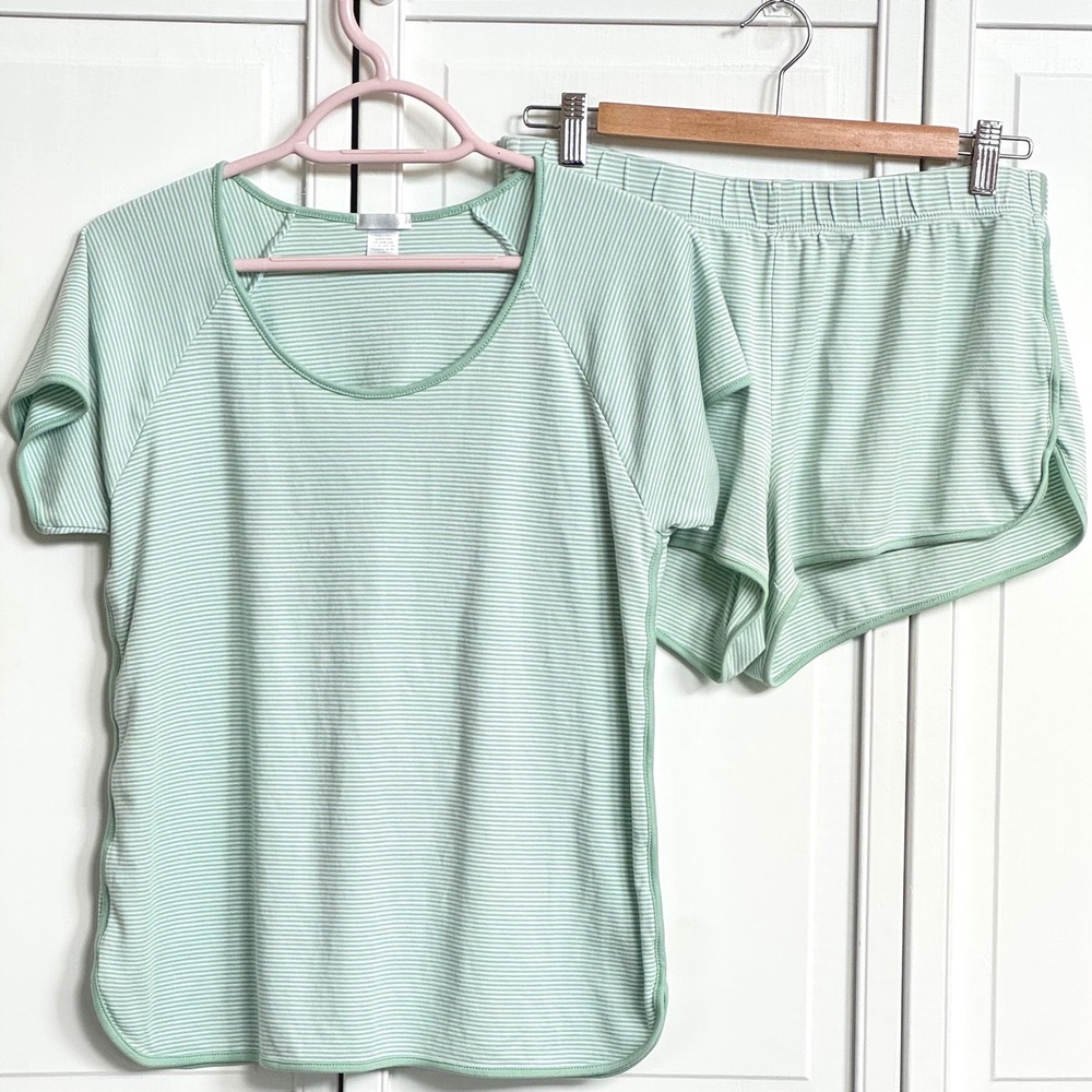 Lake Pajamas 100% Pima Cotton Short Set Sage Green White Striped Size M Cozy